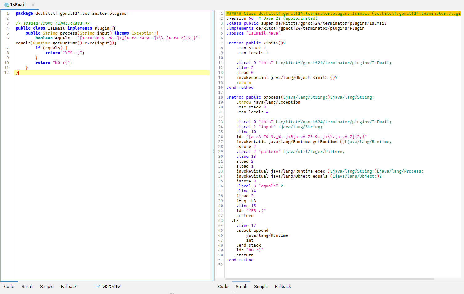 Screenshots from the final classfile in jadx, showing the disassembled Smali and decompiled Java code