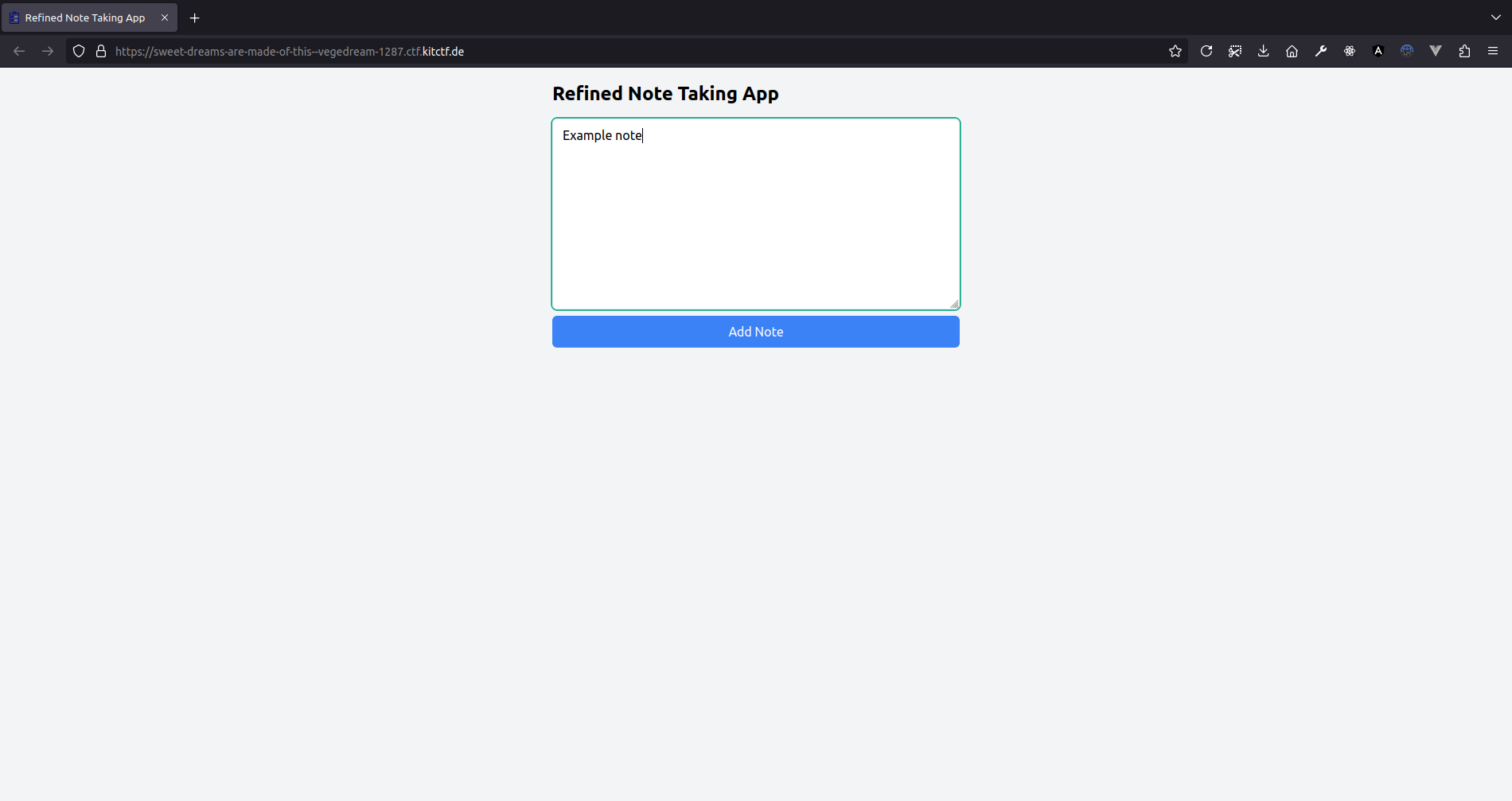 A screenshot of the web application in the editor mode to add a new note. We’re on the root URL and the website consists of a heading, a multiline text box and a button to add the note. “Example note” has been entered into the text box.