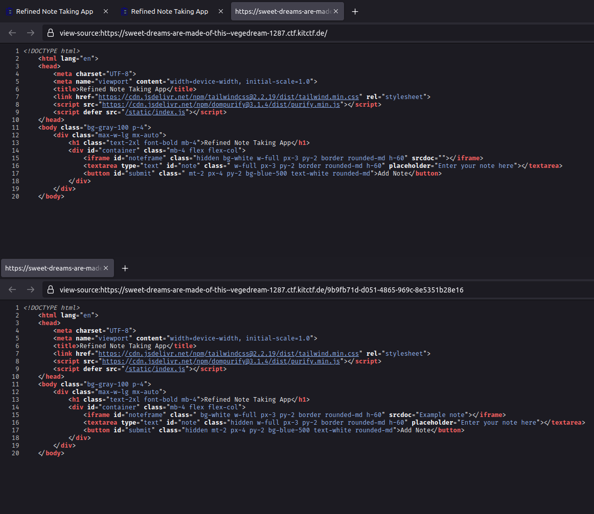 A comparison of the source code of the edit and the view page. On the editor page, the iframe has an empty <code>srcdoc</code> attribute and the <code>hidden</code> CSS class. On the view page, the <code>srcdoc</code> attribute is filled with the note content and the <code>hidden</code> class has been moved to the text box and button.