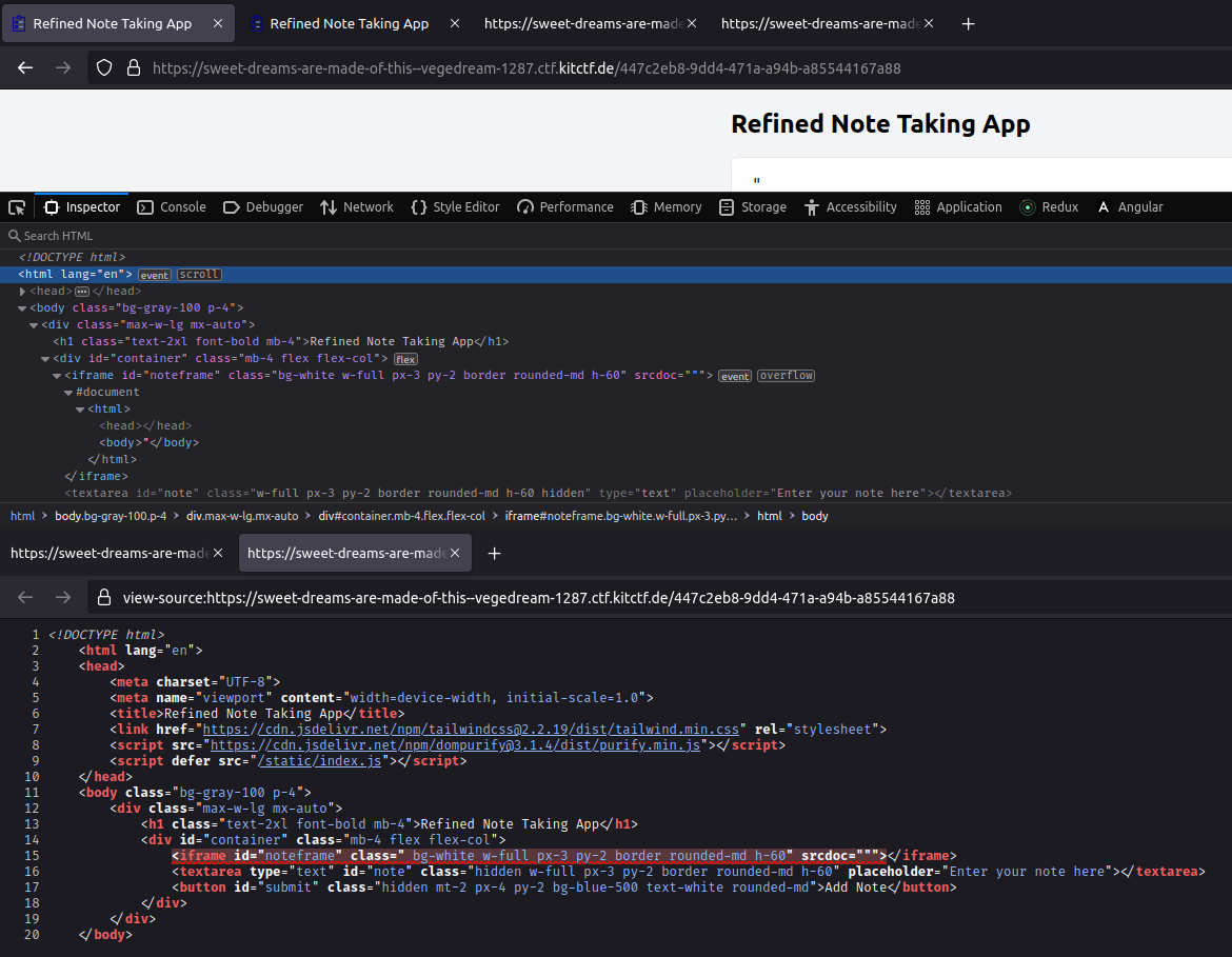 A comparison of the pages source code after submitting a note containing only a quote. The upper half shows the DOM modified by the JavaScript code. The quote has been inserted into the <code>srcdoc</code> attribute correctly and there are no errors. The lower half shows the source code the server delivers for that note. The note content has been pasted blindly into the quotes of the attribute, so our own quote ends the attribute value, leaving one additional trailing quote. The line with that error is highlighted with red squiggles by the browser.