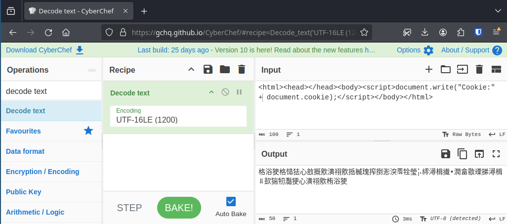 CyberChef decoding a XSS payload as UTF16-LE